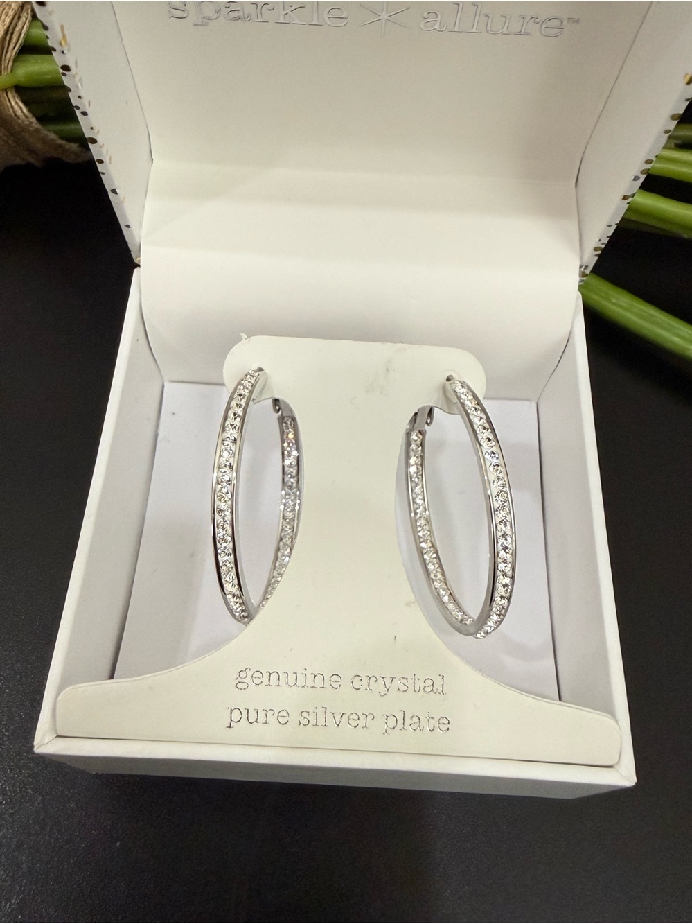SPARKLE ALLURE Genuine Pave Crystal Pure Silver Plate Hoop Earrings NEW